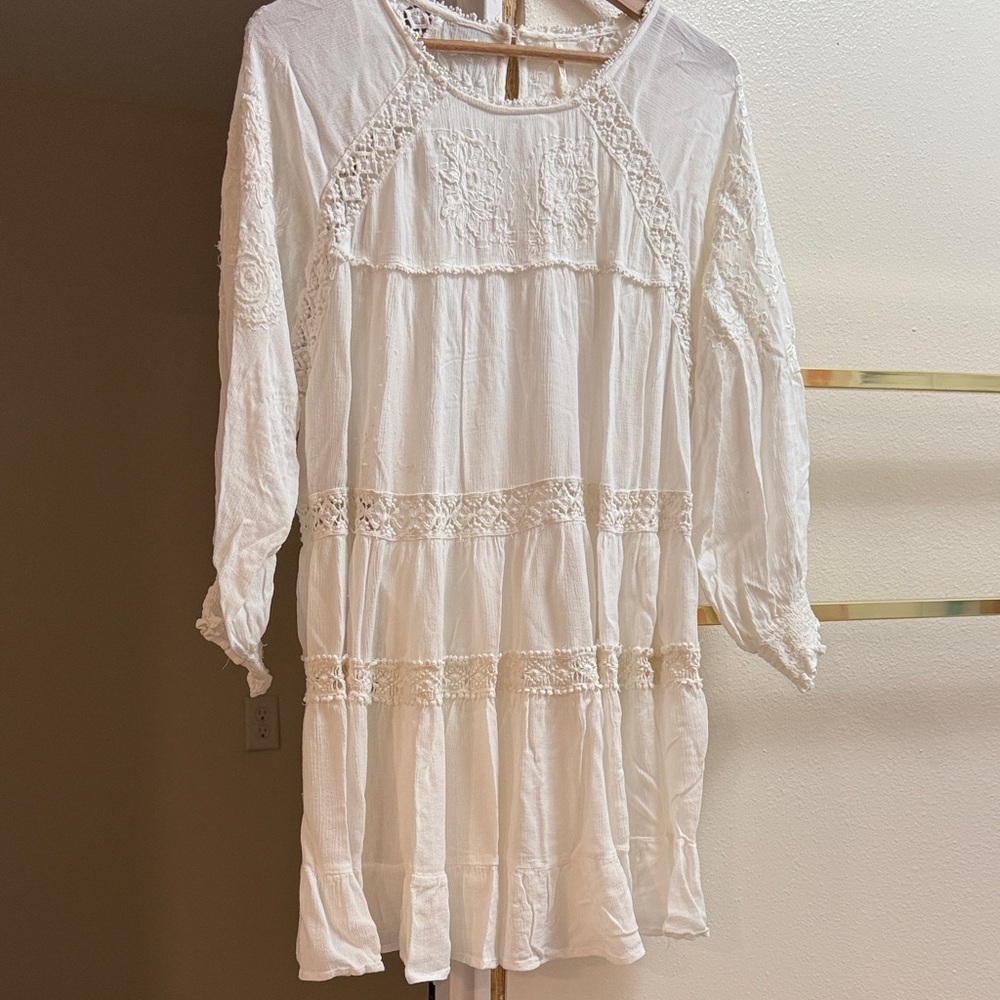 Free People White Boho Lace Tiered Peasant Dress